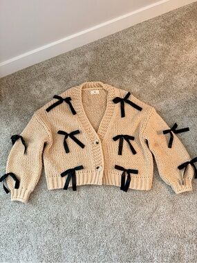 Cream Chunky Knit Cardigan with Black Ribbon Accents